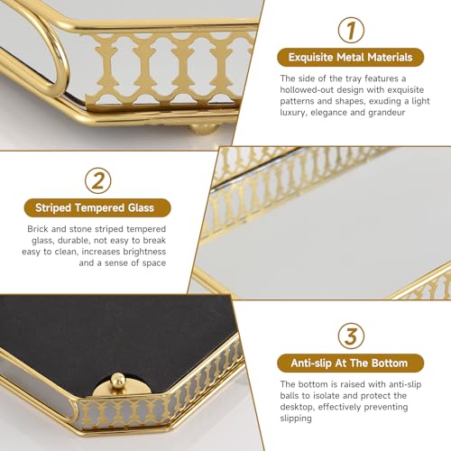 Mirrored Perfume & Makeup Vanity Tray - Hollow-Out Jewelry Storage, Gold Metal & Glass Trinket Organizer for Dresser & Bathroom Countertop, 11.3" Small Size - size: 11.3" x 7" x 2"