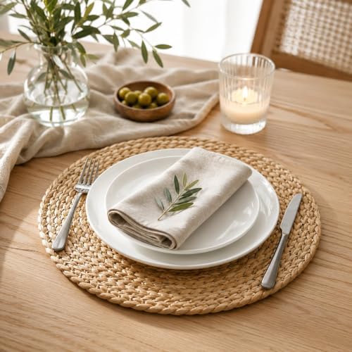 Set of 12 Round Woven Placemats, 13 Inch Rattan Chargers for Dinner Plates, Wicker Placemats, Boho Farmhouse Rustic Braided Jute Table Mats for Kitchen Dining Party Decor