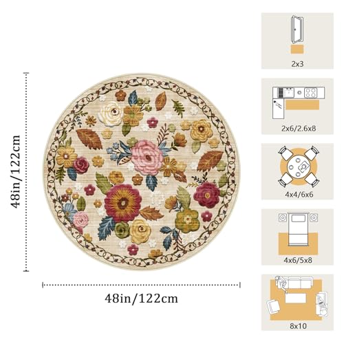 Washable 4ft Round Area Rug, Beige Boho Floral Non-Slip for Bedroom Kitchen - color: Beige, Cream, Mustard, Brick Red and Blue, size: 4' (Round)