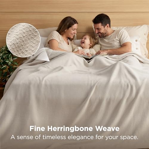 Bedsure 100% Cotton Blanket, Herringbone Weave, Oversized King, Linen Beige - color: 01 - Linen Beige, size: Oversized King