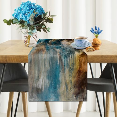 Teal Black and Brown Table Runners Rustic Farmhouse Linen Table Runners Abstract Modern Art Coffee Table Runner for Kitchen Dining Table Home Party Decor (Teal Brown, 13"x 36") - color: Teal Brown, size: 13"x 36"