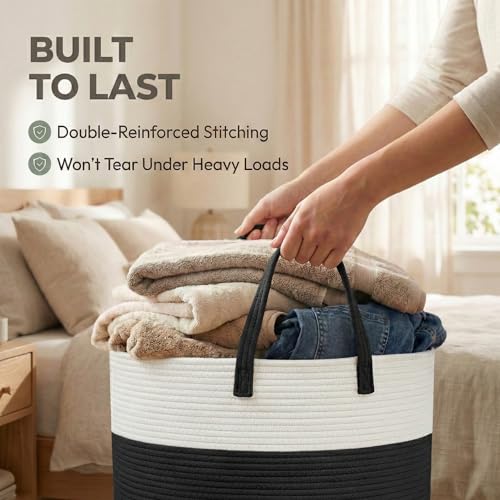 JMvicyroam 115L Extra Large Machine Washable Cotton Rope Blanket Basket - color: White&Black, size: 115L