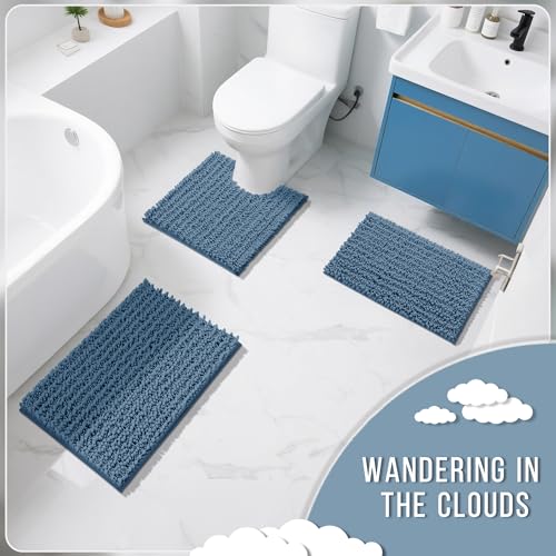 Yimobra Bathroom Rugs Sets 2 Piece, Super Absorbent Bath Mat Set,Denim Blue - color: Denim Blue, size: 24''x17''+24''x20''U-Shaped
