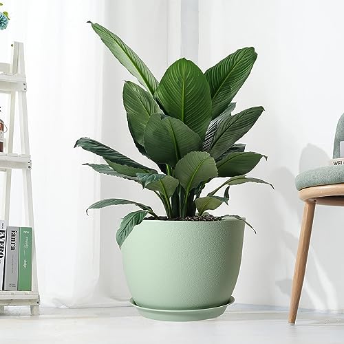 UOUZ 12inch Large Plant Pot, Modern Plastic Planter with High Driange Holes and Saucer for Indoor Outdoor Garden Plants and Flowers, Green - color: Green
