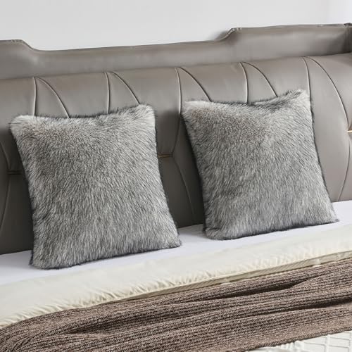 FUTEI Pack of 2 Faux Raccoon Fur Throw Pillow Covers 45 x 45 cm, Beige Gray - color: Beige Gray