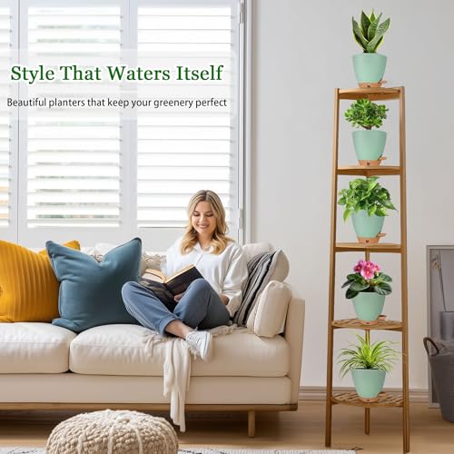 6 Inch Small Plant Pots for Indoor Outdoor Plants, 5-Pack, Self Watering - color: Green, size: 5 Pack 6 Inch