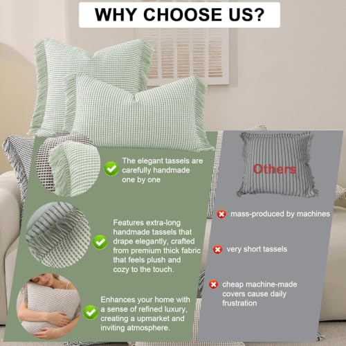 Boho Throw Pillow Covers Set of 2 Handmade Soft Striped Fringe Pillow Cover Farmhouse Cushion Covers with Elegant Tassel Decorative Pillowcase for Sofa Bed (Soft Mint Green, 18" x 18" (Pack of 2)) - color: Soft Mint Green, size: 18" x 18" (Pack of 2)