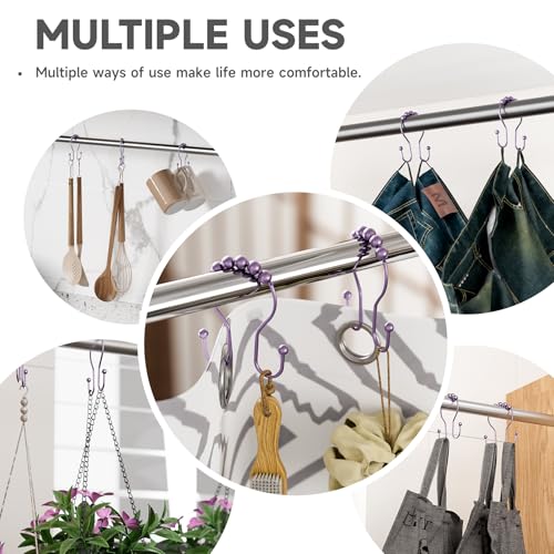 Bathway Shower Curtain Hooks, Shower Curtain Rings Rust Proof Double Hook Shower Curtain Hooks, 12 Pcs Purple Shower Hooks for Shower Curtain, Shower Rings for Curtain, Metal Shower Rod Hooks - color: Purple