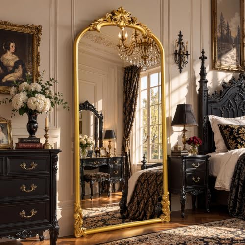 Ornate Arched Full Length Mirror 71"x 32"with Stand Antique Gold - color: Antique Gold, size: 71"L x 32"W