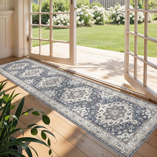 2x10 Hallway Washable Runner Rug: Oriental Water Resistant Kitchen Rugs Indoor Durable Non-Slip Bathroom Bedroom Carpet Low-Pile Ultra Thin Soft Floor Mat for High-Traffic Areas Home Decor (2x10,Blue) - color: Blue, size: 2' x 10' (Rectangular)