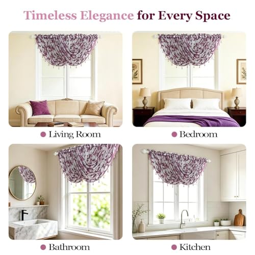 NAPEARL Purple Valance Curtain Organza Sheer Window Toppers Valances, Decorative Elegant Beaded Tassel Trim Rod Pocket Floral Scroll Swag Curtains for Windows, Bathroom, Kitchen - color: Purple, size: 40"W x 17"L (Pack of 1)