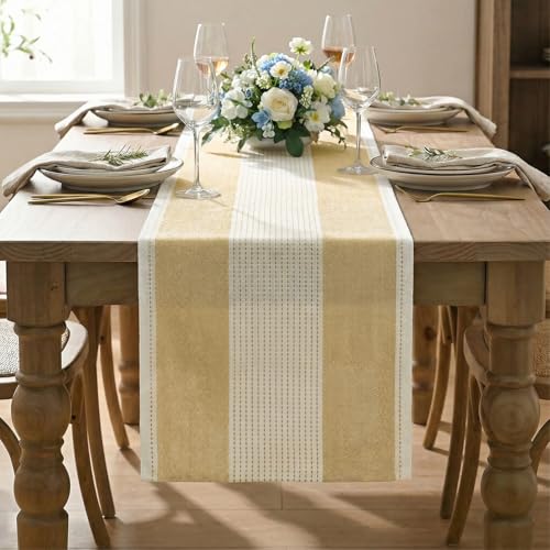Artoid Mode Light Yellow Farmhouse Rustic Table Runner, Seasonal Macrame Fabric Kitchen Dining Holiday Wedding Table Decor for Home Party 13x48 Inch - color: Light Yellow, size: 13" x 48", Table Runner