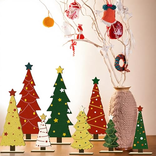 8PCS Christmas Wooden Tabletop Tree Decorations Set, Winter Holiday Wood Tree Table Centerpieces Fireplace Mantel Decor Merry Xmas Sign Table Top Party Supplies