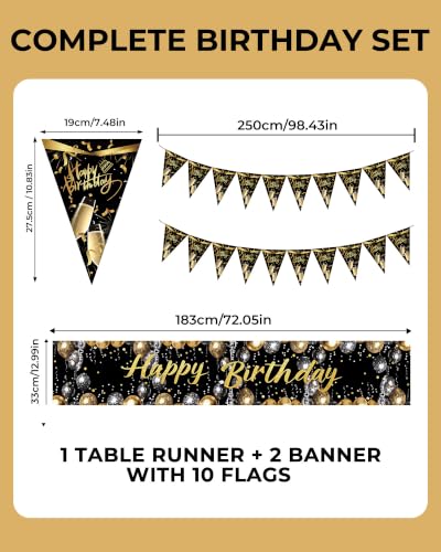 Happy Birthday Table Runner Set, 2 Banners, Black Gold, 13 x 72 in - color: Black Suit