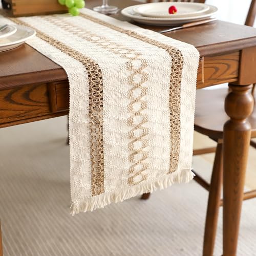 Simple&Opulence Boho Macrame Table Runner - 12 x 90 Inch, Splicing Burlap Farmhouse Cotton Table Runner with Fringed Edges for Bohemian Rustic Wedding, Bridal Shower, Dinner (Brown Pinstripe) - size: 12"x90", style: Brown Pinstripe