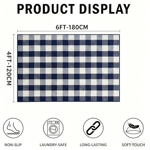 MUBIN Cotton Buffalo Plaid Rug, 4' x 6' Navy Blue White Outdoor Rug Decorative Mat, Washable Large Doormat Hand-Woven Foldable Area Rug for Outdoor Patio Indoor Living Room Dining Room Kitchen - color: Navy Blue White Plaid, size: 4' x 6' (Rectangular)