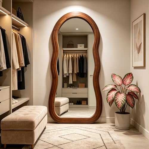 67"x31.5" Wavy Full Length Mirror with 3-Layer Solid Wood Frame - color: Walnut Wavy Frame, size: 67"L x 31.5"W