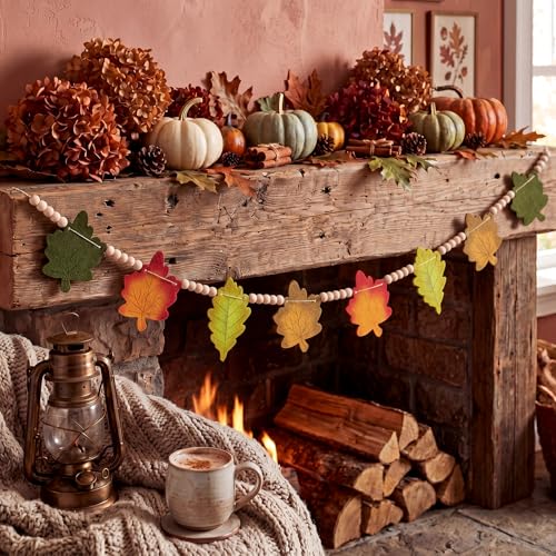 Qunclay 5.1ft Fall Wooden Leaves Garland with Bead Maple Leaves Banner
