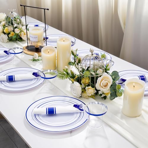 WELLIFE 350 Pieces Blue Plastic Plates - Disposable Silverware and Cups, Include: 50 Dinner Plates 10.25”, 50 Dessert Plates 7.5”, 50 Blue Cups 9 OZ, 50 Plastic Cutlery - color: Blue, style: 350PCS(50 Guests)