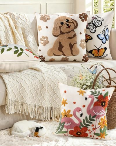 Animal Embroidered Throw Pillow Cover 18x18 Inch, Cute Dog - color: Dog, size: 18" x 18" (Pack of 1)