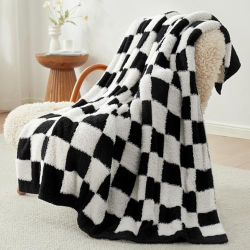Snuggle Sac Faux Fur Checkered Blanket Twin Size with Soft Knitted Microfiber Fabric,Cozy Soft Warm Blanket for Sofa Bedroom Living Room,Black Checker,60x80 inches - color: Black White, size: Twin(60"x80")