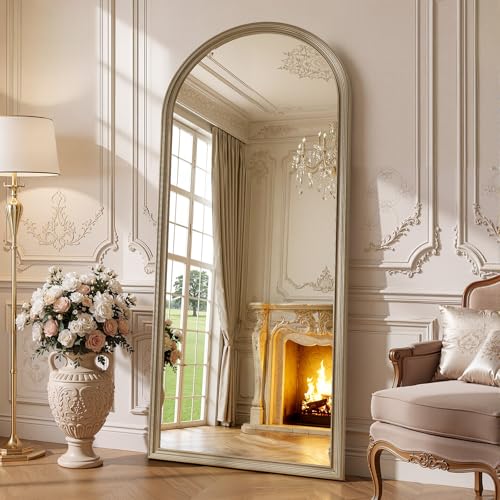 71"x32" Elegant Vintage Arched Full Length Mirror with Stand, Luxury Large Full Body Mirror with Tempered Glass, Leaning Wall Mount Floor Standing Mirrors for Living Room Bedroom Entryway Outfit Check - color: Exquisite Silver