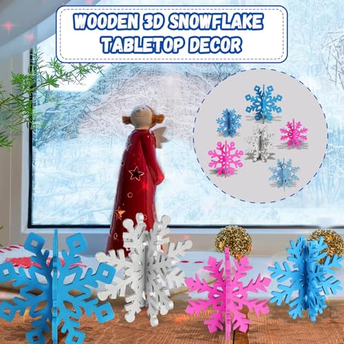 Wooden Snowflake Decorations, 3D Christmas Table Decorations, Set of 6 - color: Blue Purple Silver, size: 6 set