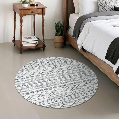 KUTA Boho Geometric Washable Circle Rug 3Ft Grey Moroccan Washable - color: Grey, size: 3' (Round)