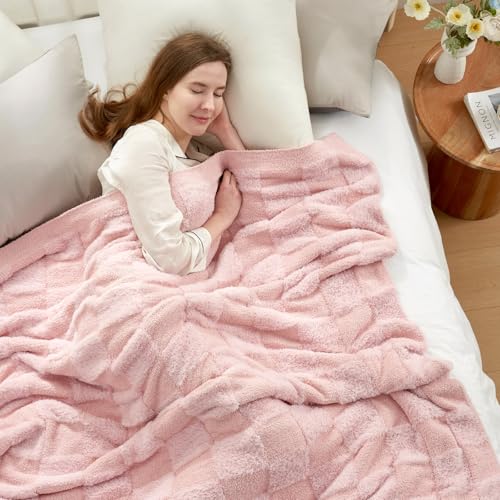 Snuggle Sac Faux Fur Pink Checkered Blanket Twin Size with Soft Knitted Microfiber Fabric,Cozy Soft Warm Blanket for Sofa Bedroom Living Room,Solid Pink,60x80 inches - color: Solid Pink, size: Twin(60"x80")