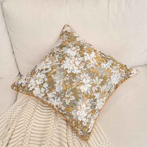 Alerfa Yellow Neutral Floral Pillow Cover 20 x 20 Inch, Vintage Chenille Square Couch Pillow Cover Soft Decorative Farmhouse Accent Pillowcase for Living Room Bedroom - color: Yellow, size: 20" x 20" (Pack of 1)