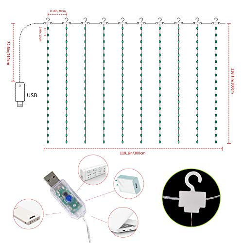 300 LED Twinkle Fairy Curtain Lights with Remote - 8 Lighting Modes, Hanging Warm String Light with USB Powered for Bedroom Wall, Wedding Backdrop and Christmas Party Window Decor