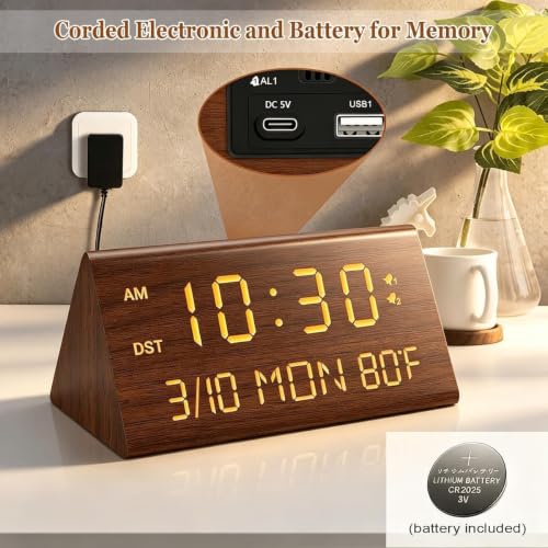Premium Wooden Digital Alarm Clock with USB Charging Ports, Dimmable LED Display, Date, Day of Week, Temperature, DST, Clocks for Bedrooms, Desk, Nightstand, Bedside, Table, Office, Living Room Decor - color: Triangle - Brown