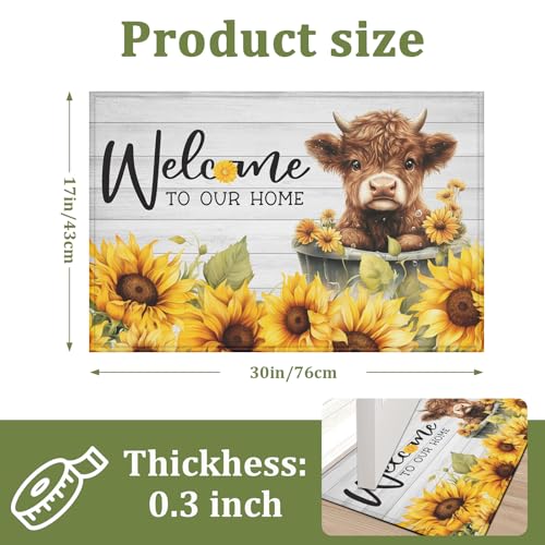 Sunflower Highland Cow Indoor Door Mat Non-Slip Floral Welcome Doormat Washable Decorative Mat Rug for Outdoor Entryway Kitchen Bathroom 17x30 Inch - color: Welcome to Our Home