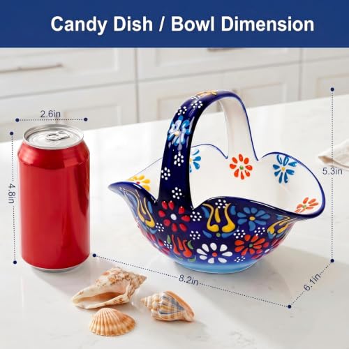 Ceramic Candy Dish, Small Fruit Basket with Handle, Key Holder, Decor Bowl - color: Cobalt Blue Embossed