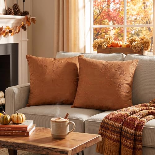 AVOIN colorlife Caramel Jacquard Decorative Throw Pillow Covers Set of 2, 18 x 18 Inch Laurel Leaves Woven Textured Cushion Case Home Decor for Couch Sofa Bed - color: Caramel