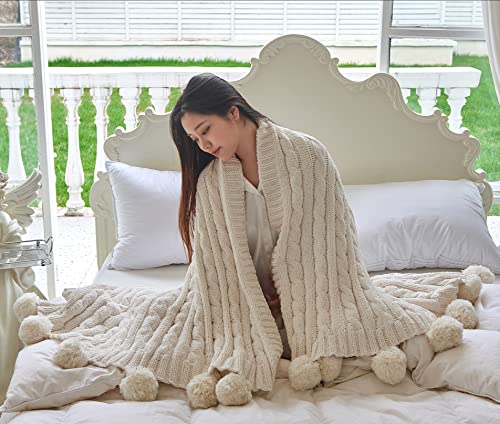 Chenille Chunky Knitted Throw Blanket with 14pcs Pom Poms Tassel Super Soft Cozy Warm Blanket for Sofa Bed Soft Couch 50 x60 inches (White)?-¡ - color: Pom-pom-white, size: Throw 50"X60"