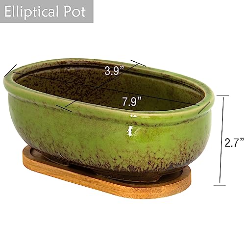 Succulent Pots, 1 Rectangle Planter + 1 Ceramic Bonsai Pots with Drain Tray - color: Green