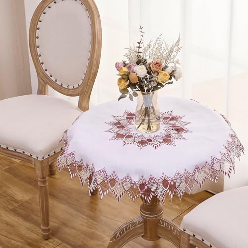 White Dark Red Linen Lace Doily 33" Round Coffee Table Topper - color: Dark Red, size: 33” Round
