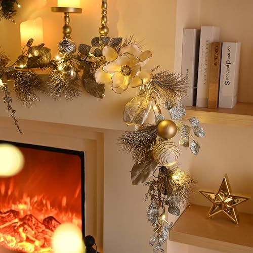 Valery Madelyn 9 Feet Pre-Lit Christmas Garland with White Gold Flower - color: Champagne Gold, size: 9 feet