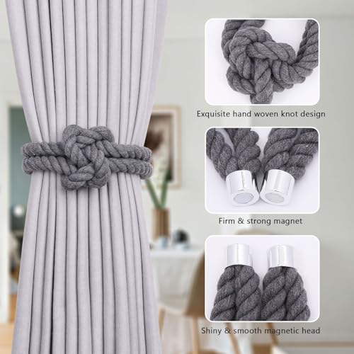 NICEEC Natural Cotton Rope Magnetic Curtain Tiebacks, 2 Pack, Dark Grey - color: Dark Grey, size: 2 Pack