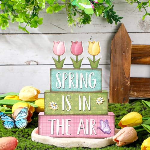 Marsui 4 Pcs Spring Table Decorations Tulip Flower Wooden Block Signs Pastel Tulip Tabletop Centerpieces Farmhouse Distressed Easter Spring Decor for Home Table Kitchen Shelf Tiered Tray Decor - color: Pastel, style: Spring