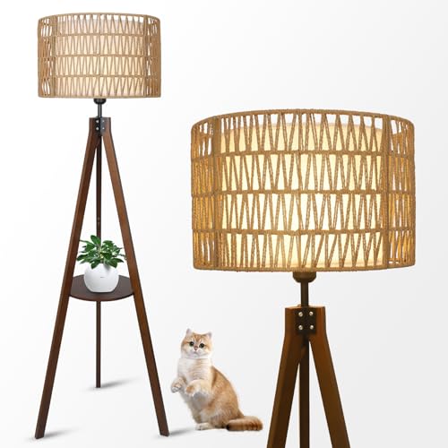LAMSU Boho Tripod Floor Lamp with Shelves, Mid Century Wood Standing Lamp with Rattan & Fabric Shades, ON/Off Foot Switch, Modern Farmhouse Tall Floor Lamps for Living Room Bedroom Office - color: Walnut Brown