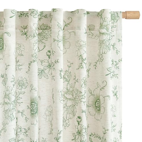 LAMIT Olive Green Floral Linen Curtains 72 Inch Length for Living Room - color: Olive Green, size: 52"W x 72"L (Pack of 2)