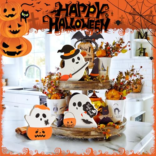Cute Halloween Decorations Indoor, 3 PCS Wooden Ghost Halloween Decor for Home Table Office Desk Tiered Tray Party Shelf Display Mantle Kitchen Room Spooky Decorations - style: Ghost