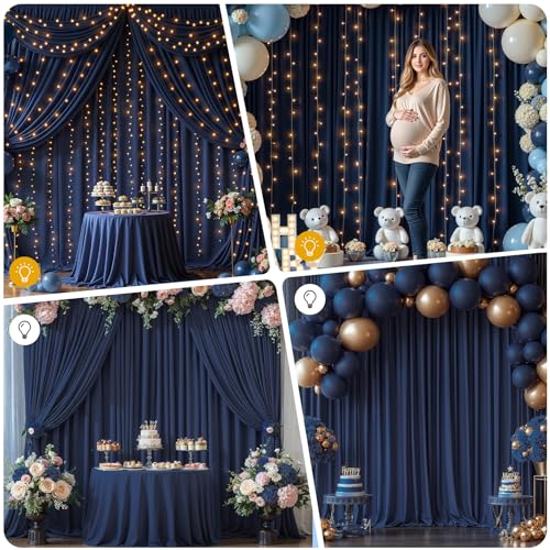 20 x 10ft Navy Blue Backdrop Curtains with Lights String - color: Navy Blue, size: W5' x H10'(4 panels)