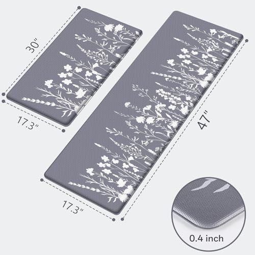 Kitchen Mats for Floor, 2-Piece Anti-Fatigue Kitchen Rugs, Grey - size: 17.3" x 30"+17.3" x 47"-0.4 inch