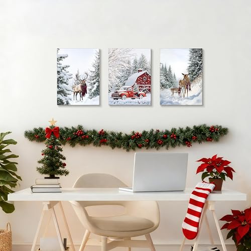 WENGTIAO 3Pcs Christmas Winter Snowy Forest Canvas Wall Art Prints 12"x16" - color: Holiday-christmas reindeer, size: 12"x16"x3Pcs