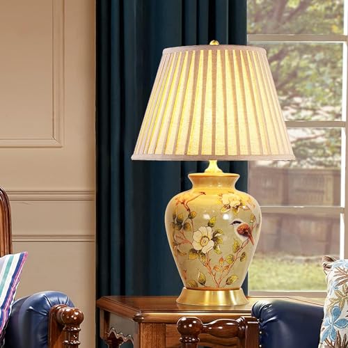 American Flower&Bird Ceramic Table Lamp, Hand-Painted Chinoiserie Lamps, Fabric Lampshade Nightstand Lamp for Bedroom Living Room Office College Bookcase