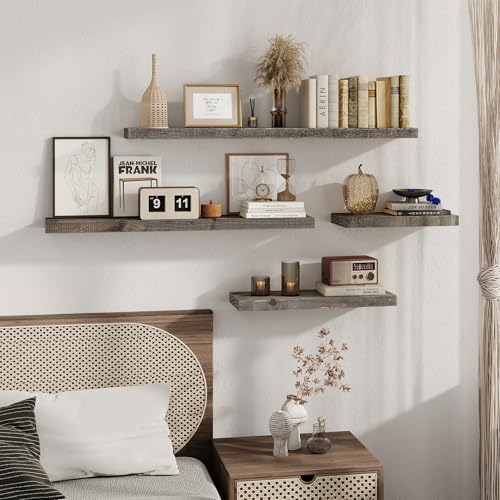 FLYJOE Floating Shelves for Wall,18 Inch Reclaimed Barnwood Planks Set of 2,8 Inch Deep Rustic Solid Wood Wall Shelves for Storage,Wood Wall Mount Shelf with Invisible Heavy-Duty Metal Bracket,Grey - color: Distressed Grey, size: 18inches-2P