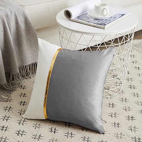 Fancy Homi 2 Packs Decorative Throw Pillow Covers 20x20 Inch for Living Room Couch Bed, Grey and White Velvet Patchwork with Gold Leather, Luxury Modern Home Decor, Accent Cushion Case 50x50 cm - color: Gray, size: 20" x 20" (Pack of 2)